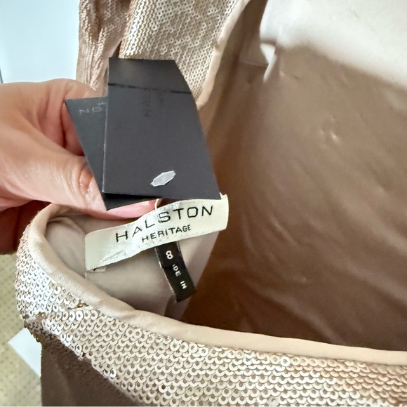 NWT Halston Heritage Buff & Gold Long Sleeve Sequin Maxi Gown - Picture 2 of 12